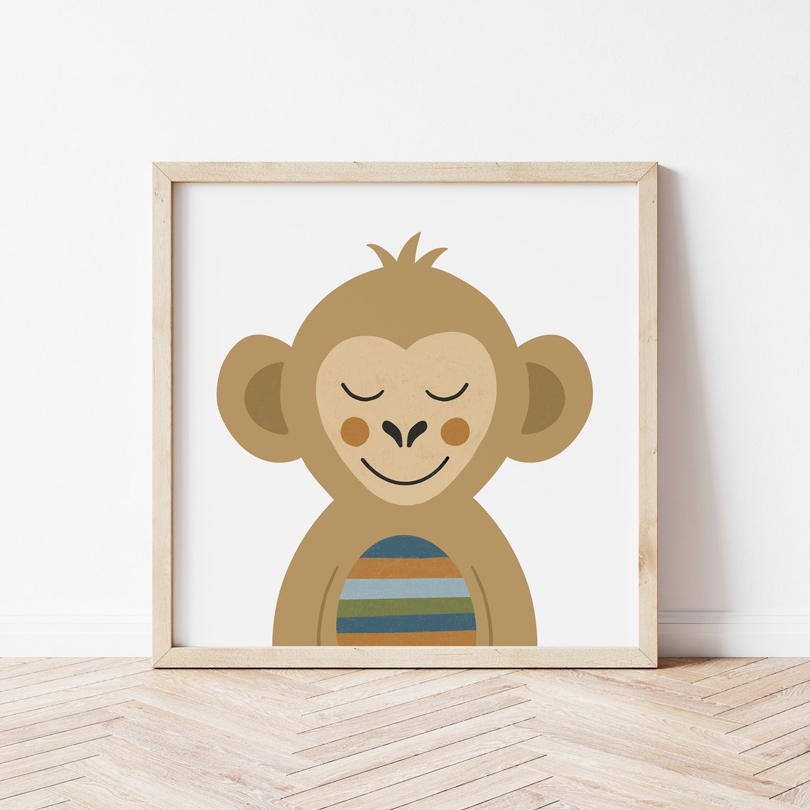 Happy Smiling Monkey Face Striped Belly Safari Nursery Wall Art