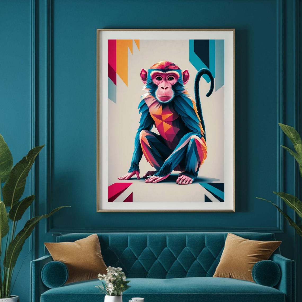 Geometric Colorful Monkey Sitting Low-Poly Animal Portrait Poster - Image 4