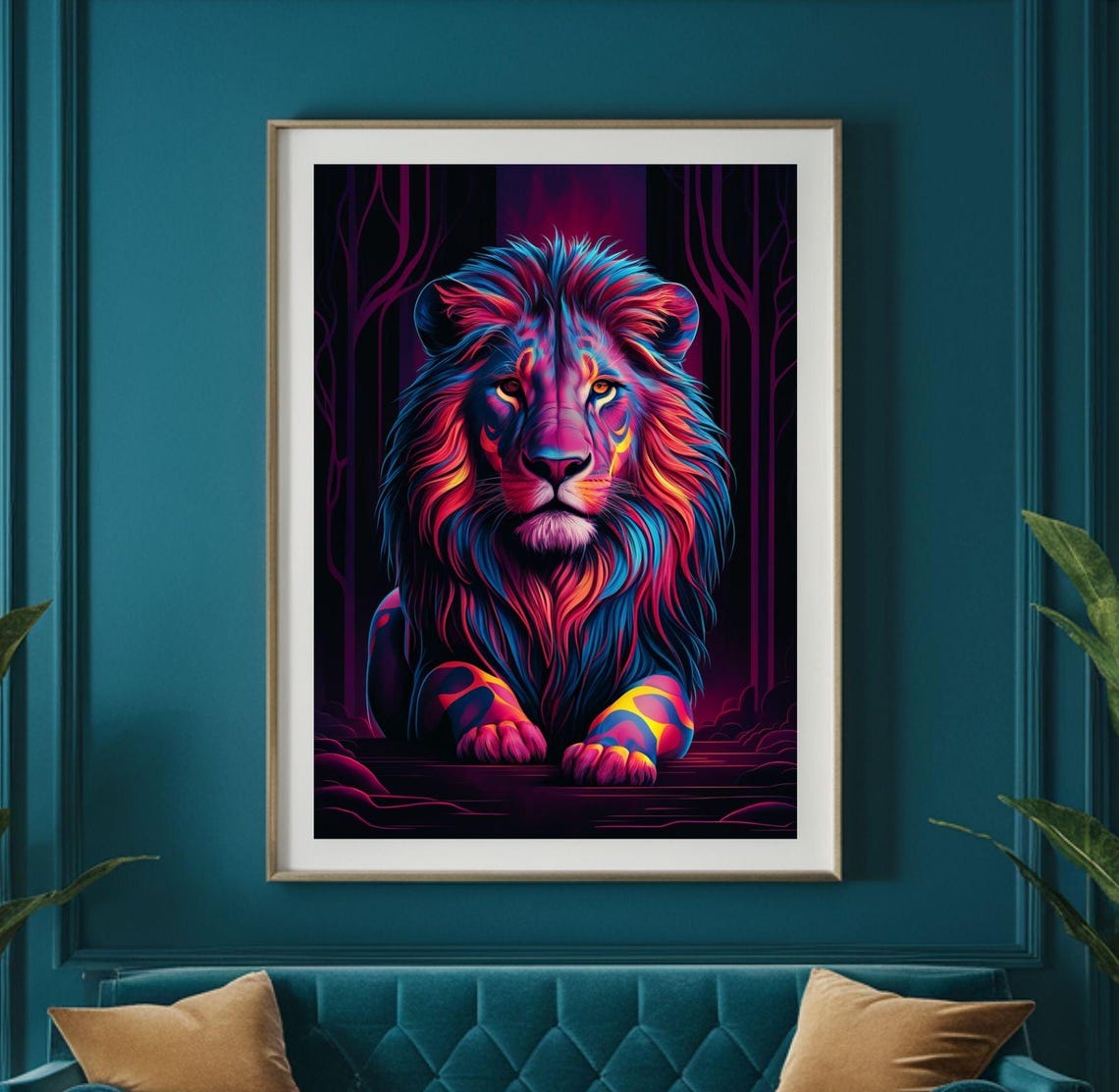 Neon Pink Lion Forest Night Colorful Abstract Wildlife Poster