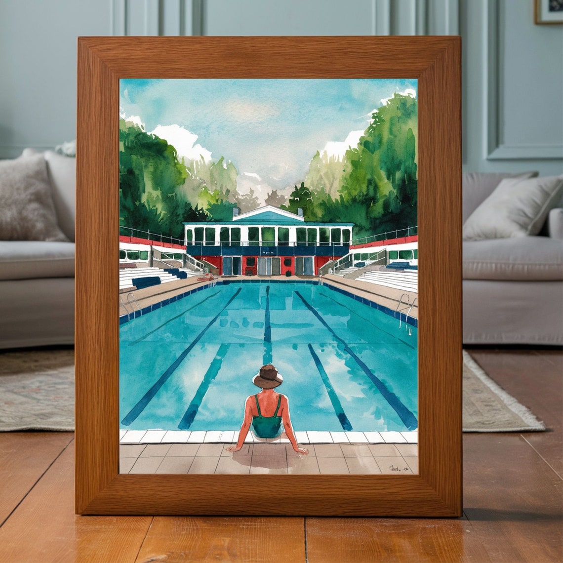 Girl In Sun Hat Sitting By Olympic Swimming Pool Watercolor Poster