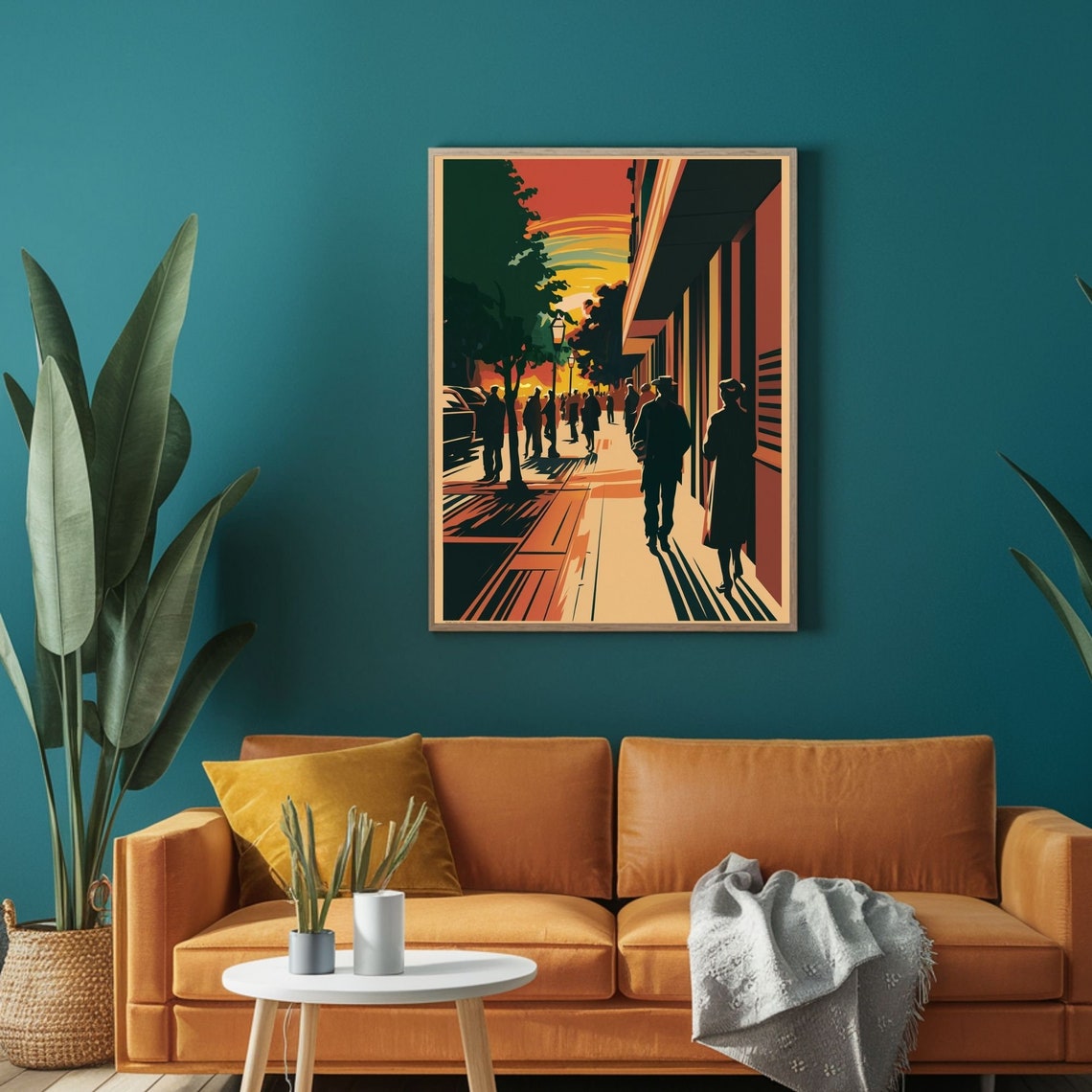 Retro City Street Sunset Crowd Silhouette Urban Scene Poster - Image 3