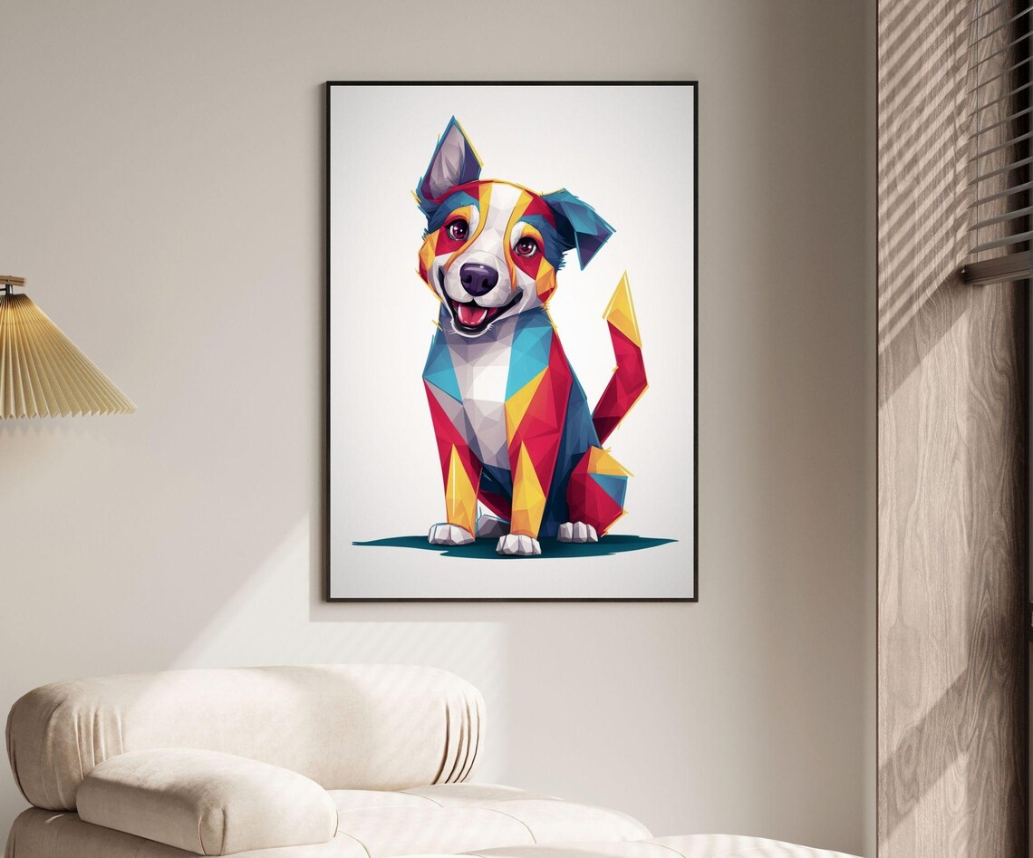 Cheerful Smiling Puppy Geometric Colorful Pet Portrait Poster