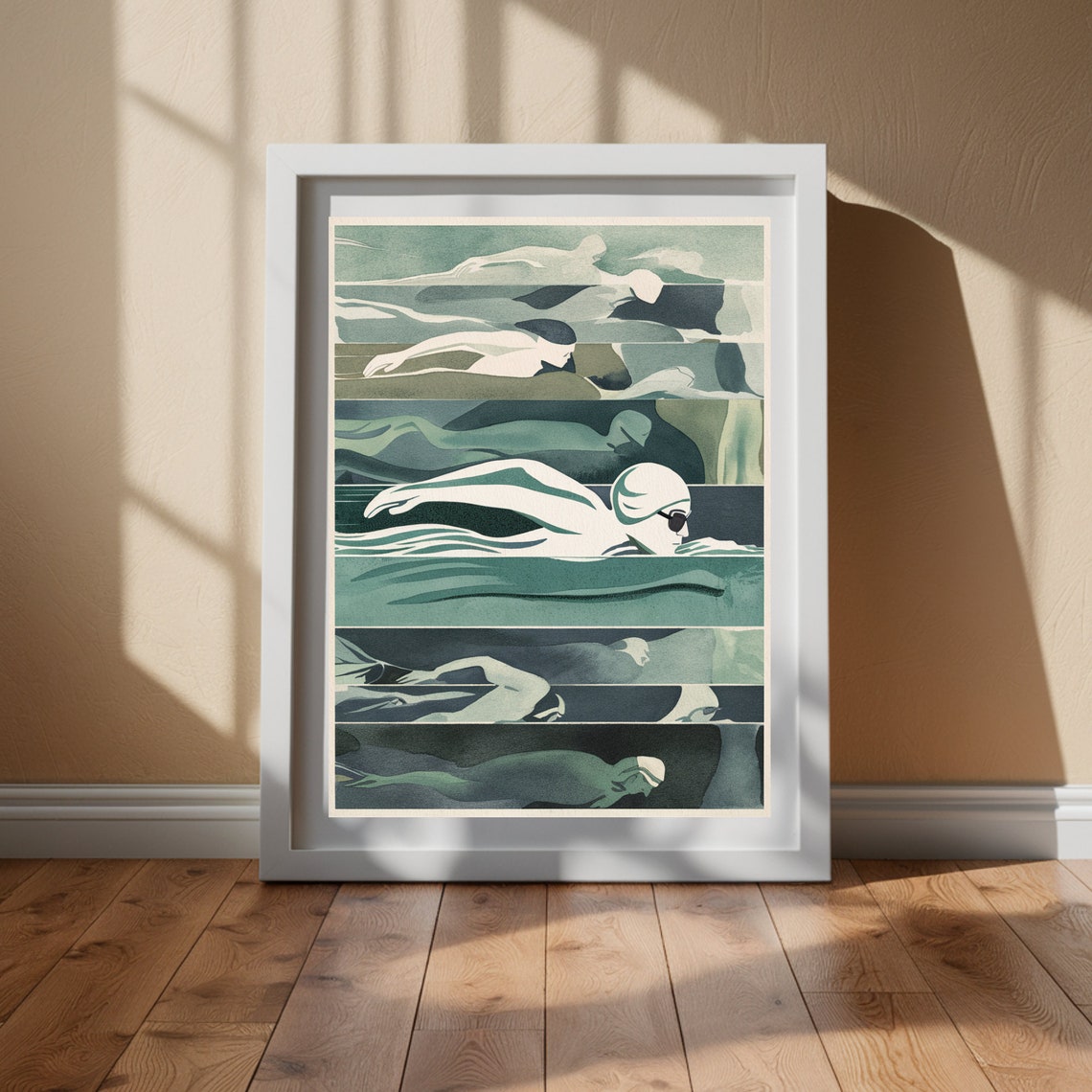 Vintage Swimmers Stripes Art Deco Style Green Swimming Poster - Image 5