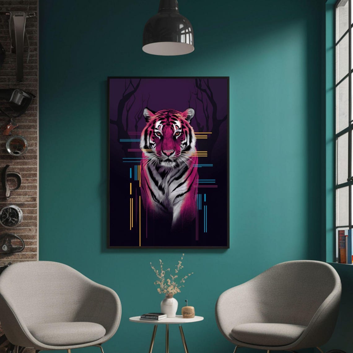 Neon Pink Tiger Dark Purple Forest Geometric Abstract Art Poster - Image 3