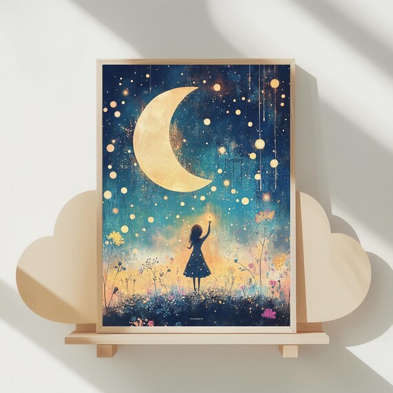 Little Girl Reaching for the Crescent Moon Starry Night Poster
