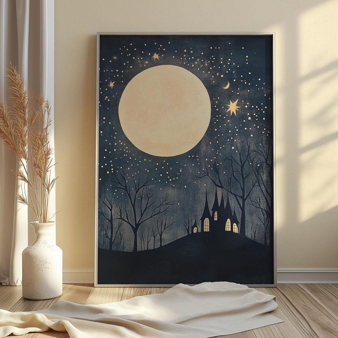 Gothic Haunted House Moon Print Spooky Halloween Wall Art Instant Vintage Starry Night Eerie Home Decor