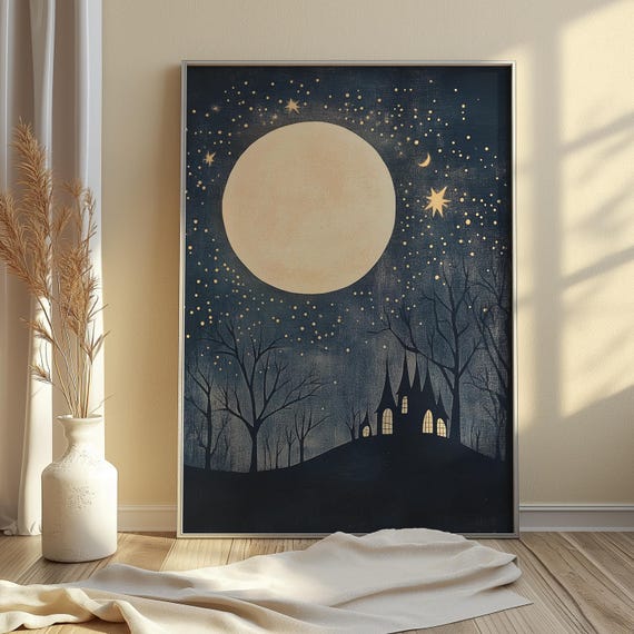 Gothic Haunted House Moon Print Spooky Halloween Wall Art Instant Vintage Starry Night Eerie Home Decor