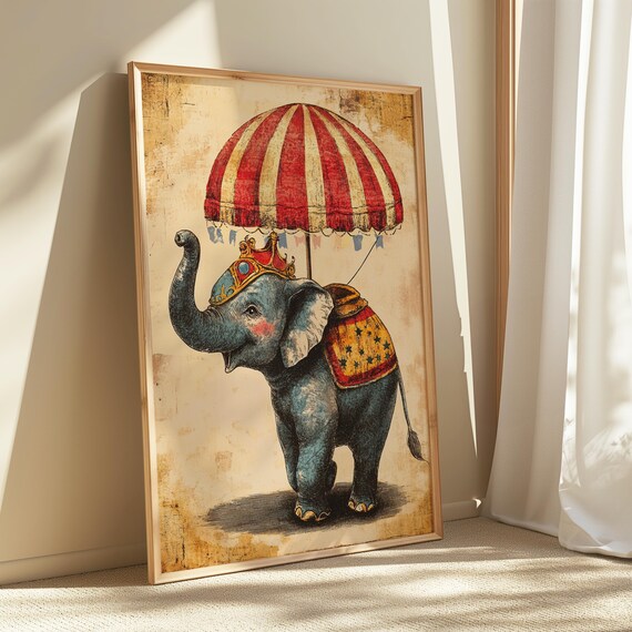 Circus Elephant Wall Art Vintage Animal Whimsical Carnival Print Quirky Poster Instant