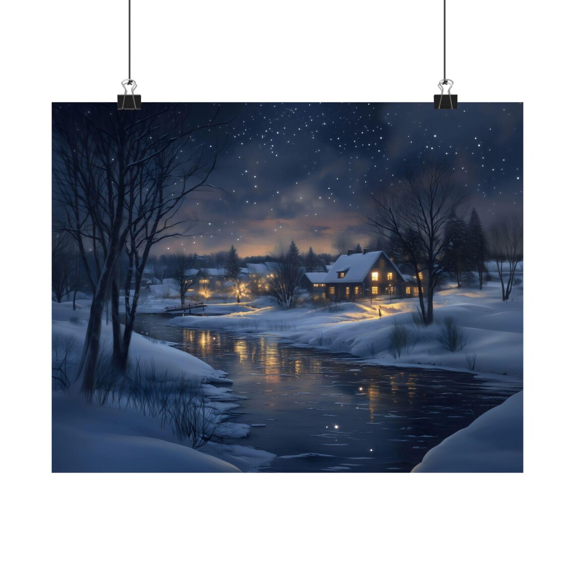 Starry Winter Night Over Village By The River With Warm Window Lights Poster