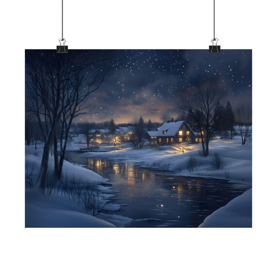 Starry Winter Night Over Village By The River With Warm Window Lights Poster