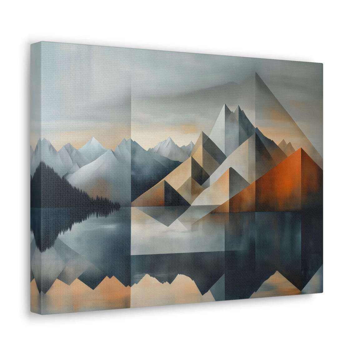 Geometric Alpine Peaks Mirror Lake Misty Cool Tone Modern Poster - Image 2