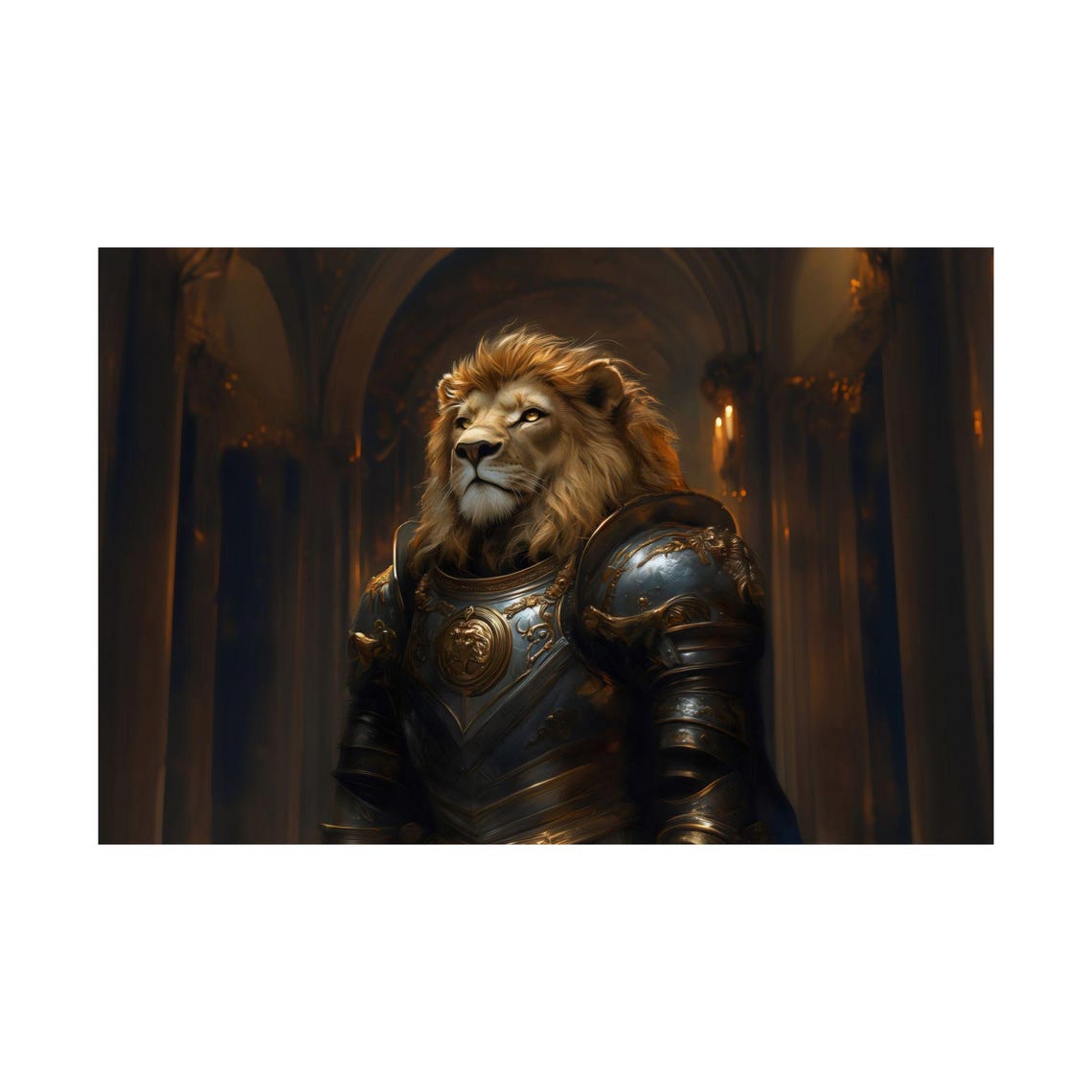 Lion Knight In Full Plate Armor Candlelit Castle Hall Portrait Poster - Image 2