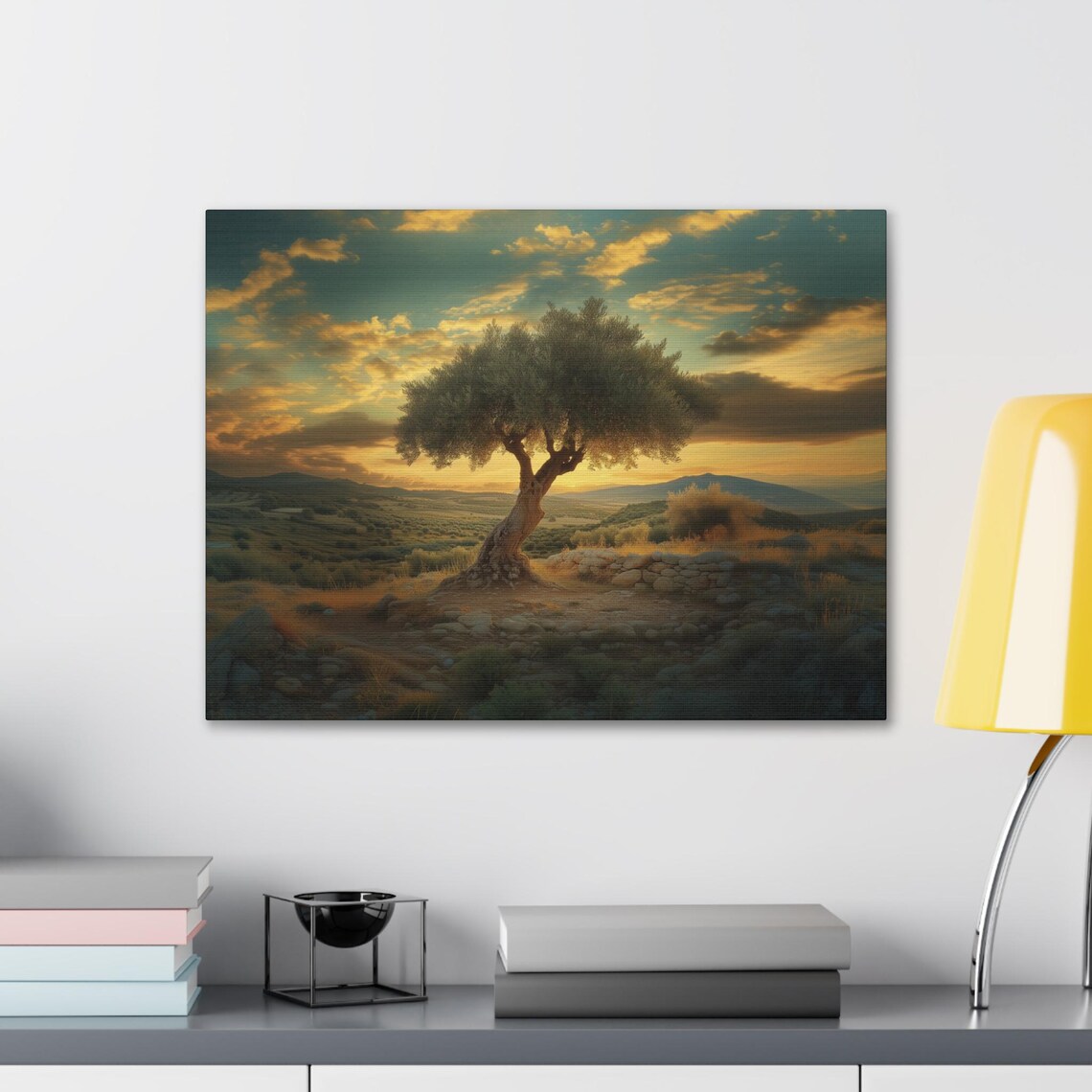 Solitary Olive Tree Golden Sunset Mediterranean Landscape Art Poster - Image 2