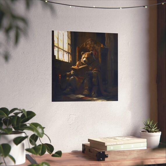 Bear Reading Candlelight Study Vintage Library Cozy Animal Art Poster