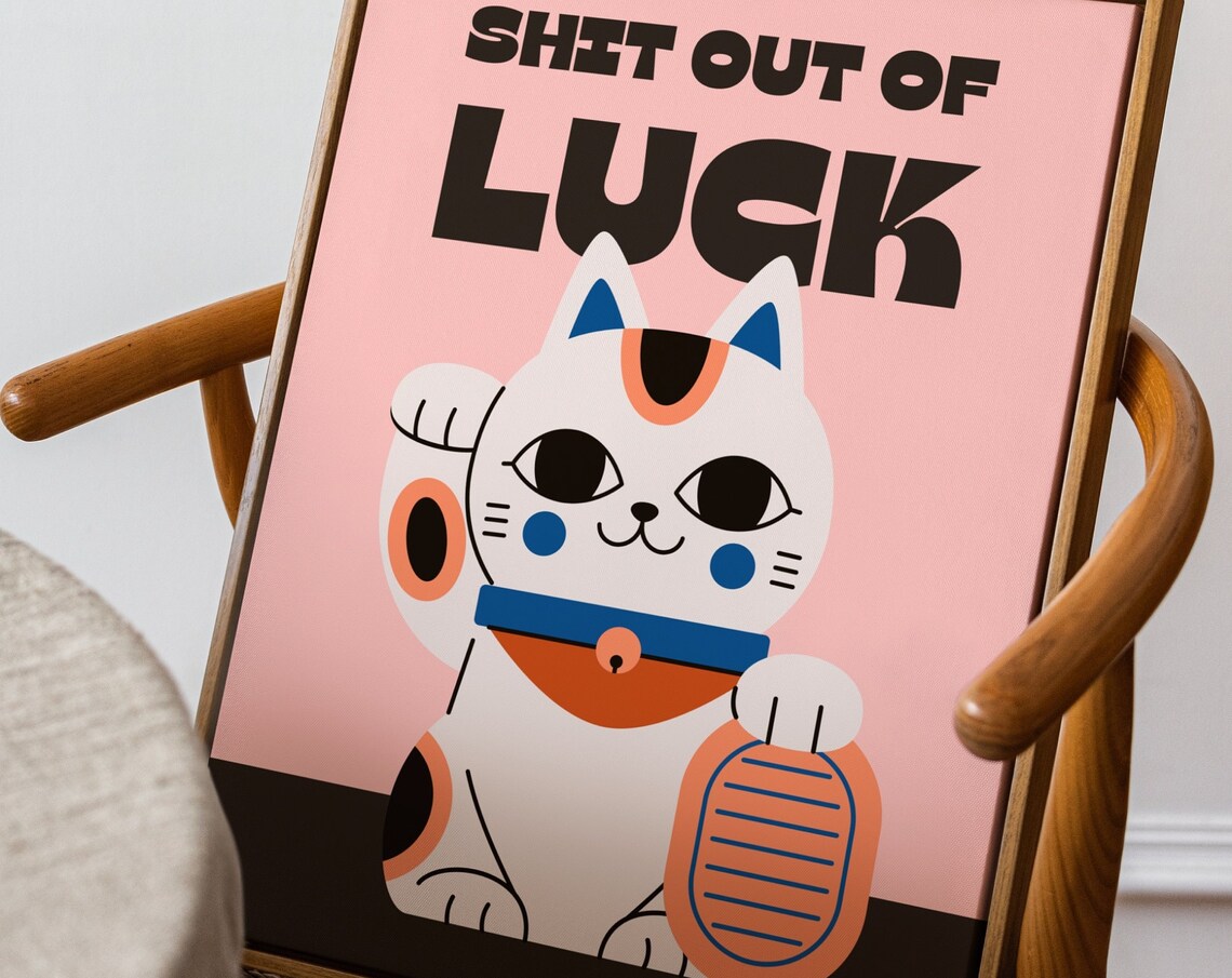 Lucky Cat Maneki Neko Retro Japanese Fortune Quote Wall Poster - Image 3