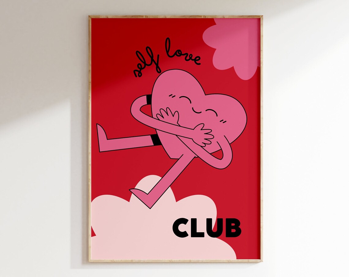 Self Love Club Pink Heart Hugging Cute Red Background Poster