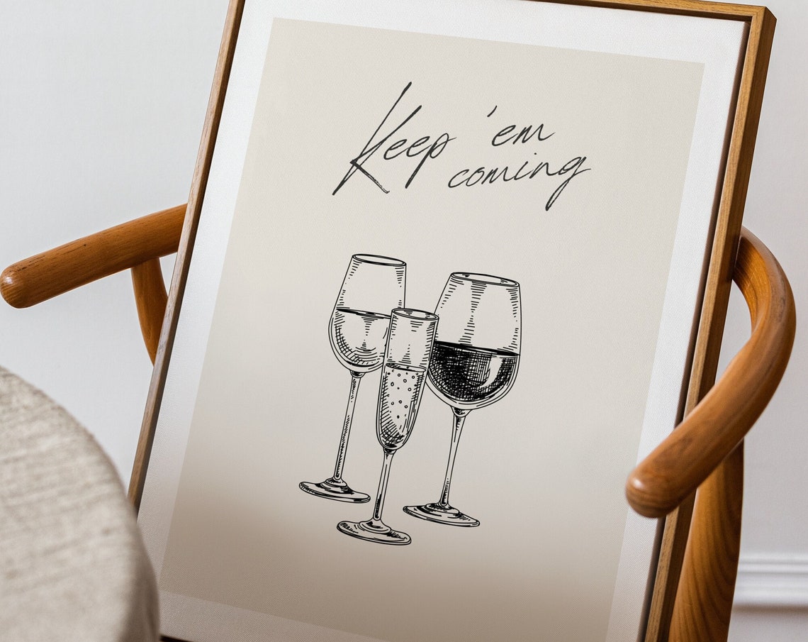 Keep Em Coming Wine Glasses Ink Sketch Minimalist Bar Poster - Image 3