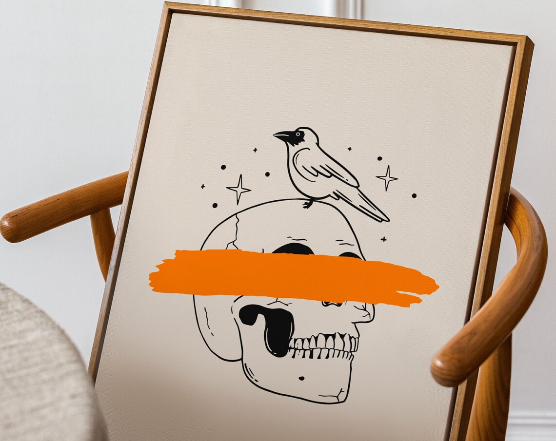 Skull and Crow Orange Stripe Halloween Dark Academia Art Poster