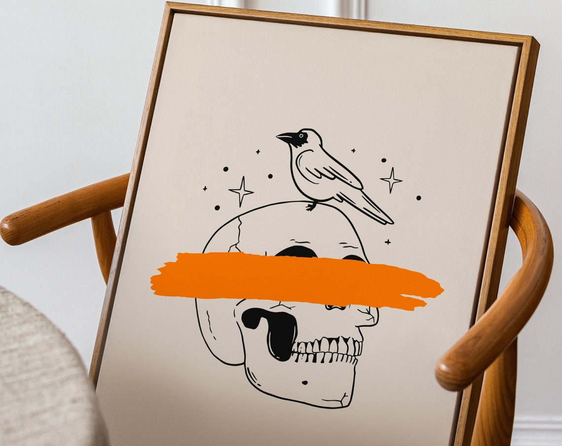 Skull And Crow Wall Art Halloween Dark Academia Print Beige Orange Trendy Gothic Neutral Home Decor