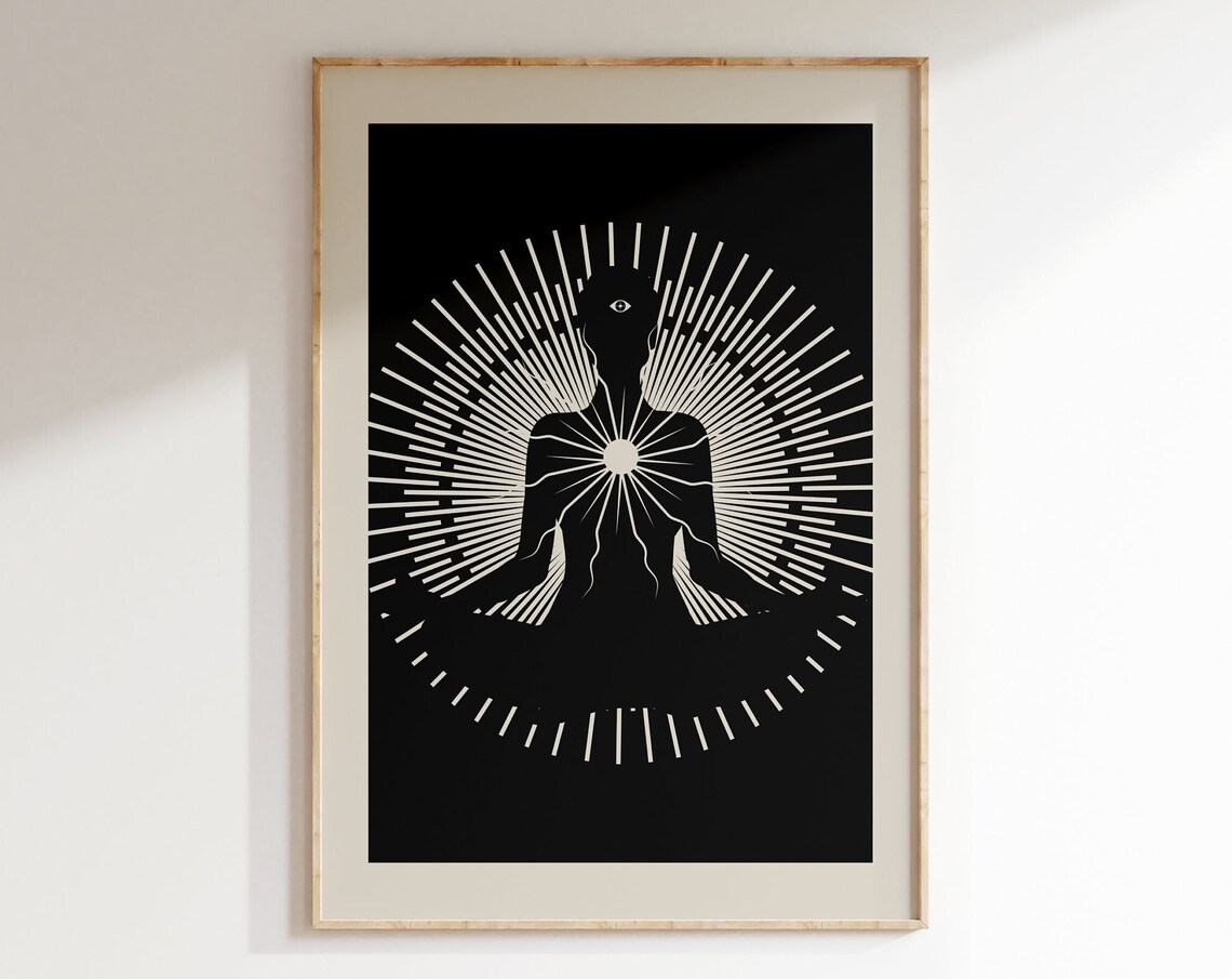 Spiritual Meditation Silhouette Sunburst Black White Art Poster