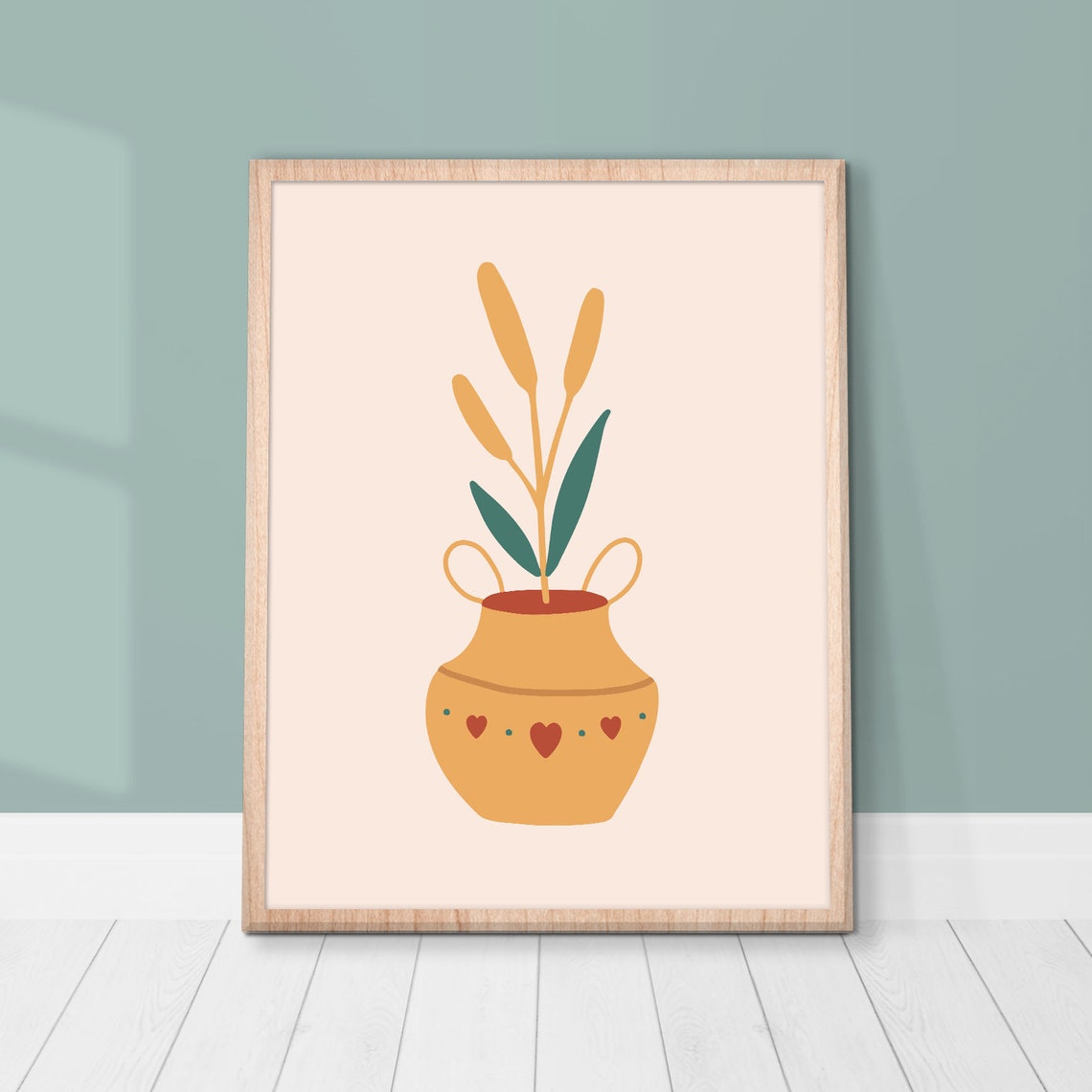 Wheat Stalks Terracotta Pot Hearts Boho Botanical Minimal Art Poster - Image 2