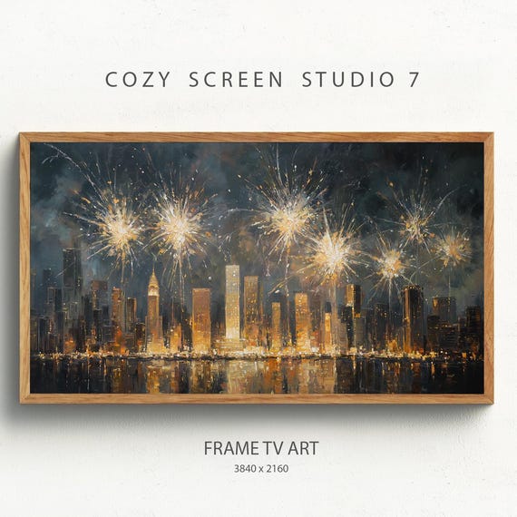 New York City Skyline Fireworks Frame Tv Art Years Eve Nyc Painting