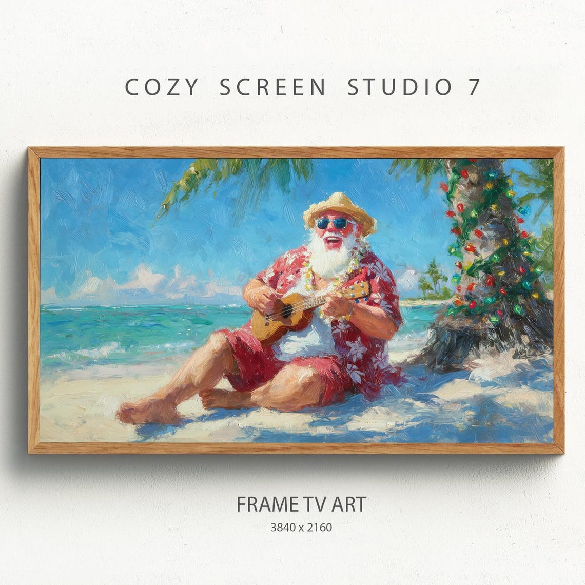 Santa Playing The Ukulele Frame Tv Art Hawaiian Christmas On Beach Painting