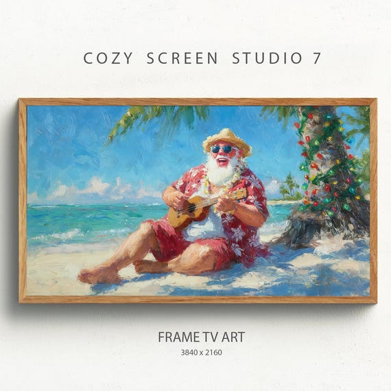 Santa Playing The Ukulele Frame Tv Art Hawaiian Christmas On Beach Painting