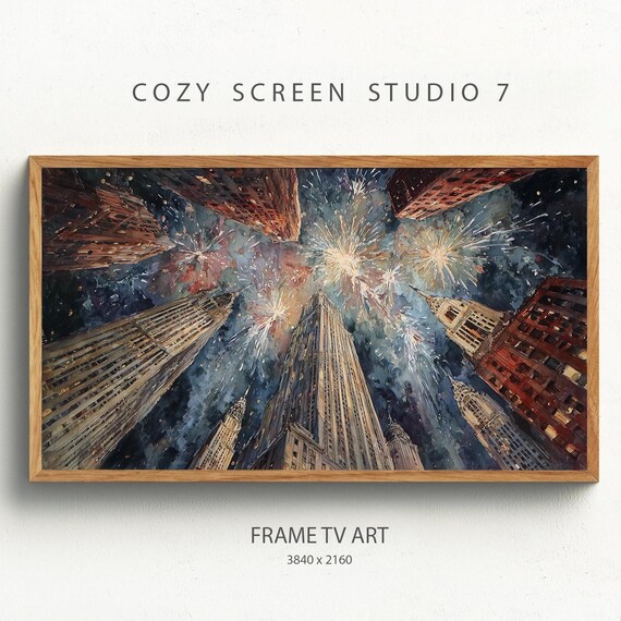 Fireworks Bursting Above City Skyscrapers Night Sky Dramatic Art Poster