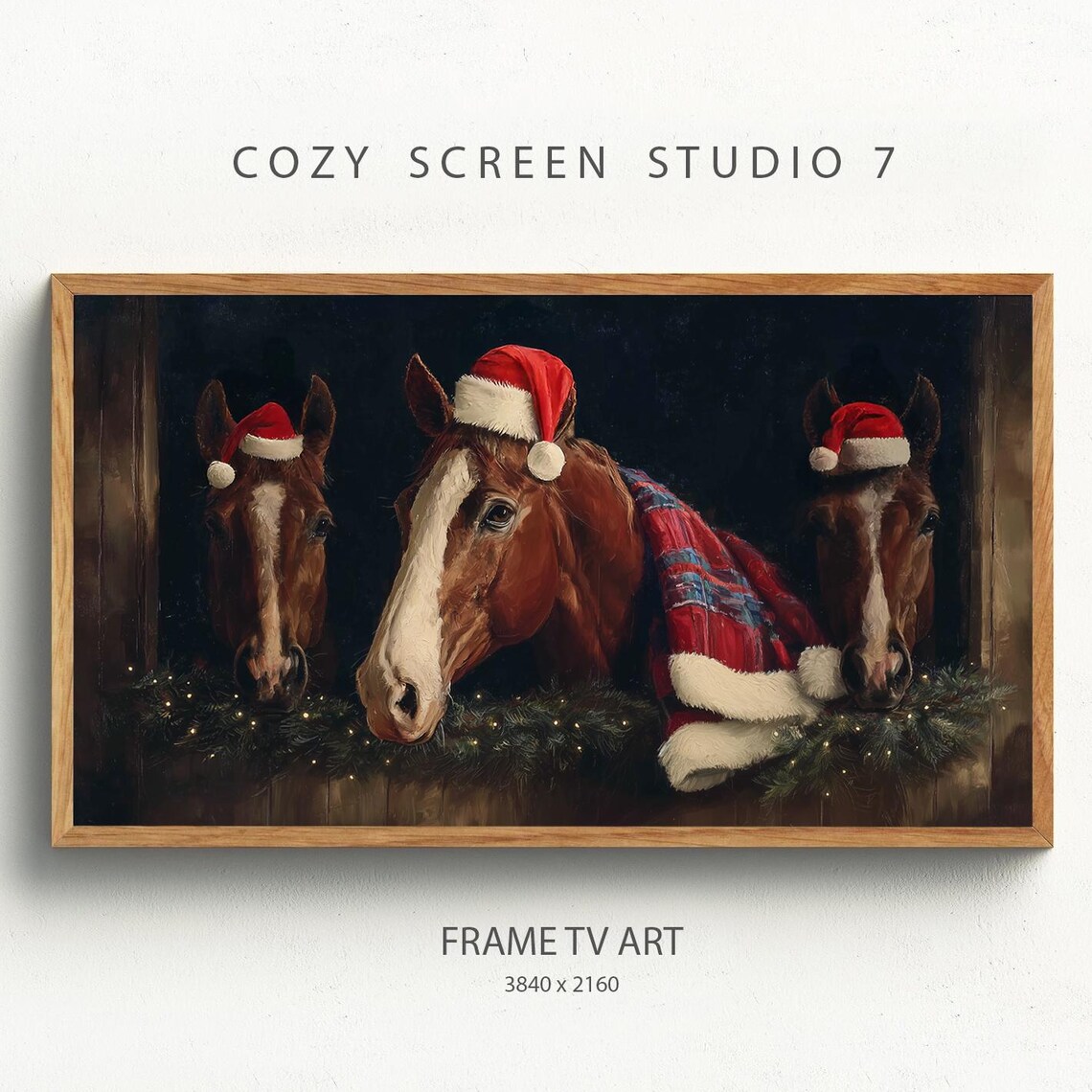 Three Horses Santa Hats Stable Moody Christmas Painting Poster