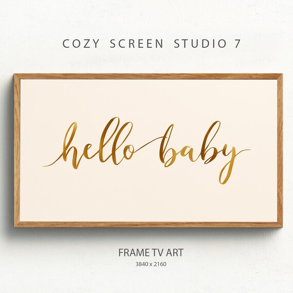 Hello Baby Gold Calligraphy Neutral Beige Nursery Shower Wall Art