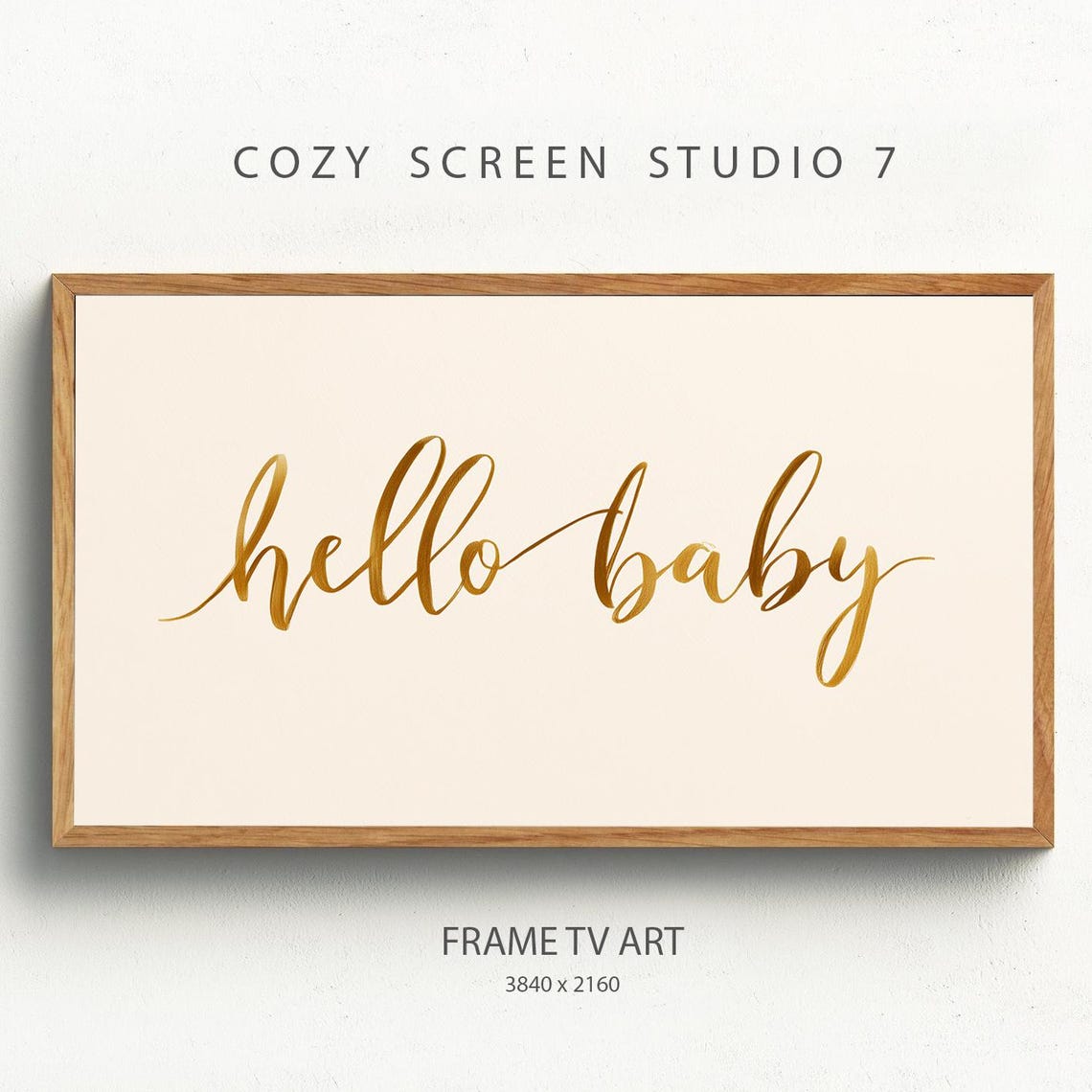 Hello Baby Gold Calligraphy Neutral Beige Nursery Shower Wall Art