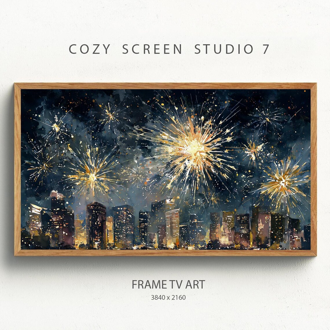 Fireworks Over City Skyline Night Sky Watercolor Celebration Art Poster