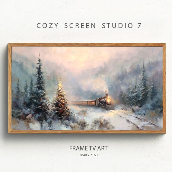 Winter Steam Train Snowy Pine Forest Christmas Painting Poster