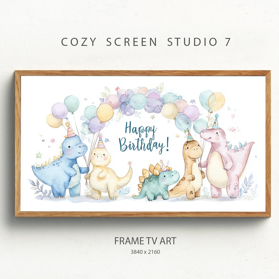 Happy Birthday Watercolor Baby Dinosaurs Party Nursery Wall Art