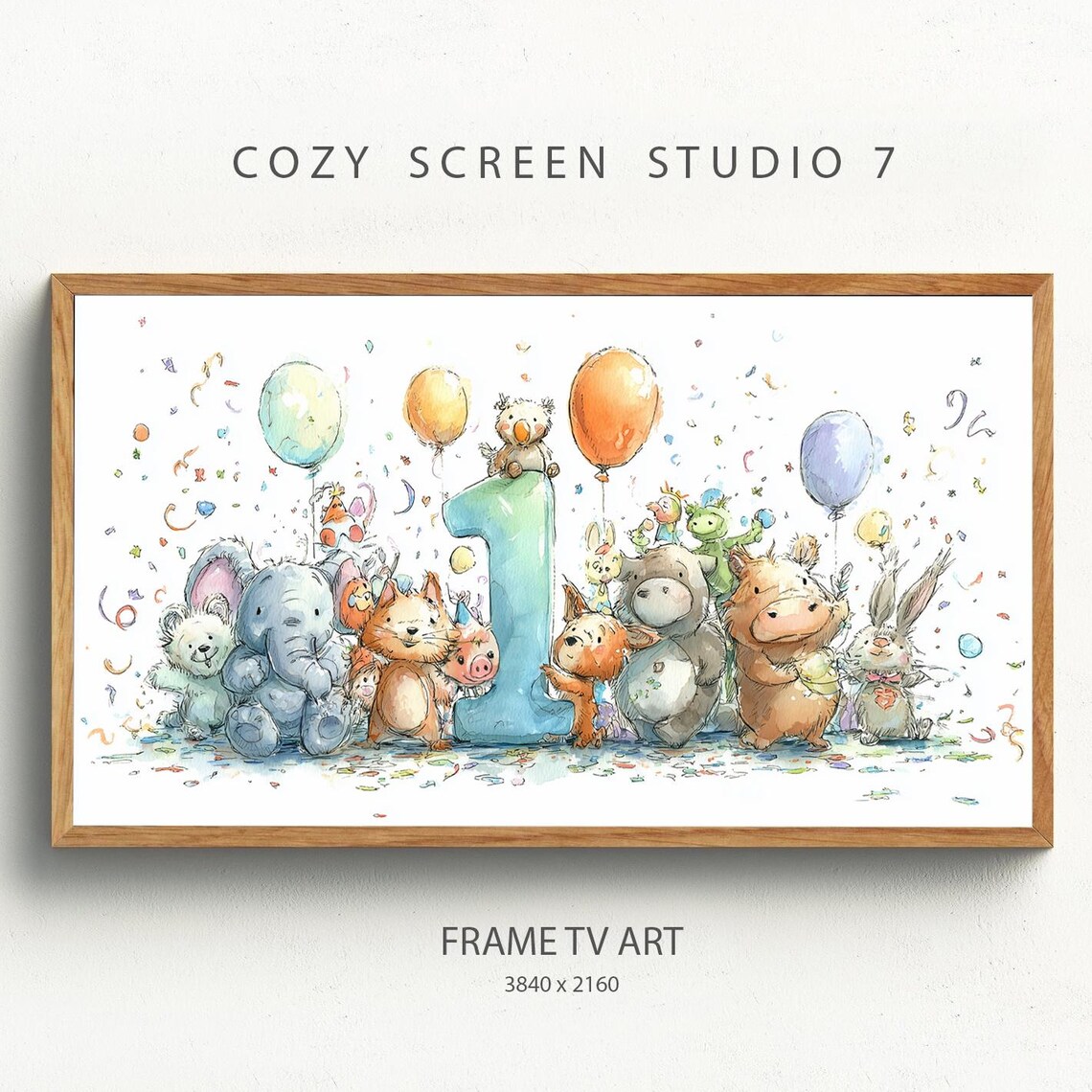 Baby First Birthday Watercolor Animals Number One Party Wall Art