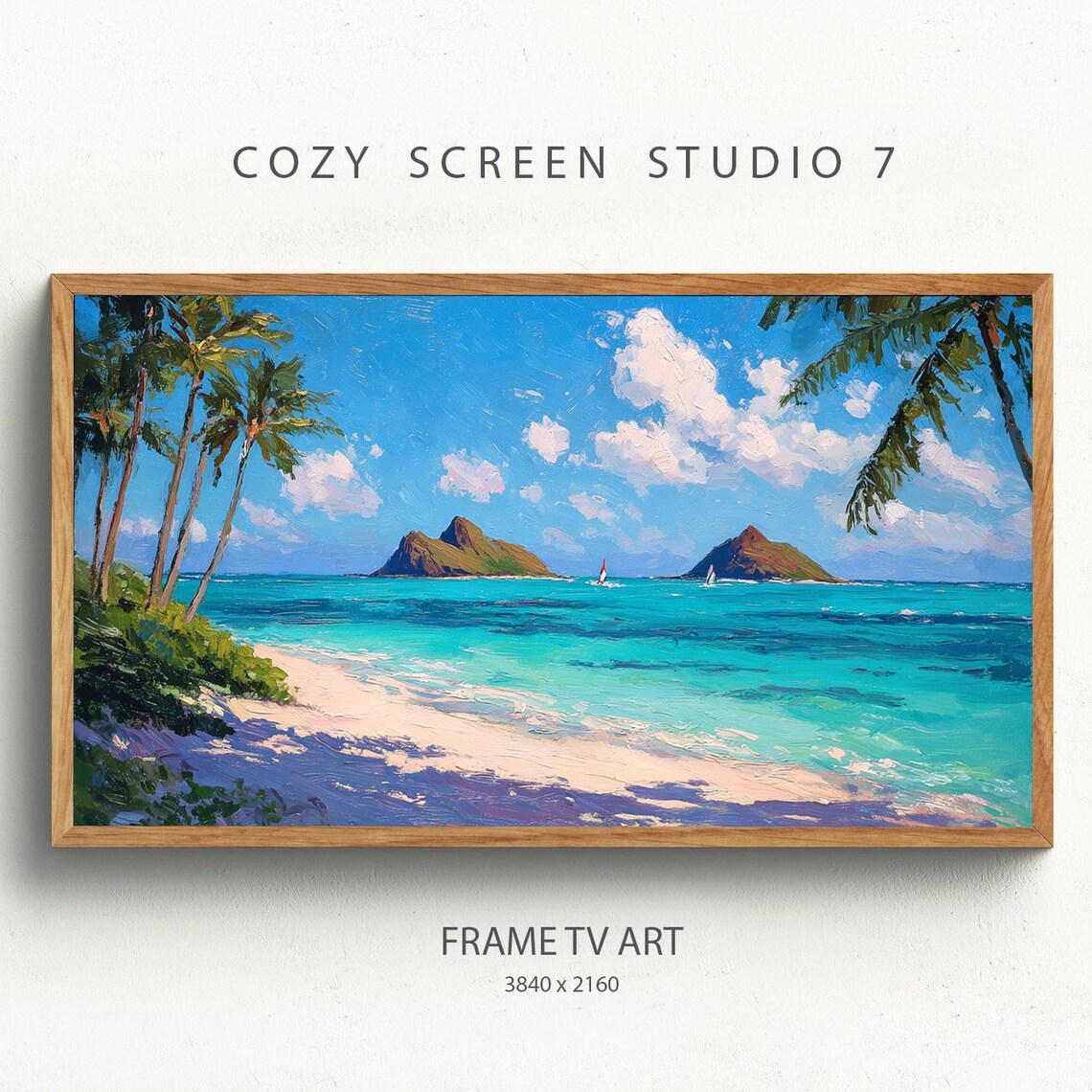 Tropical Beach Painting Turquoise Water Palm Trees Island Seascape Art Poster
