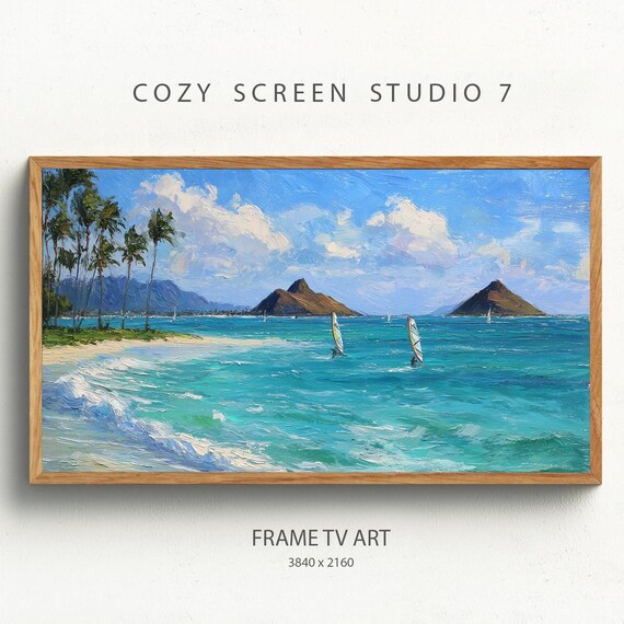 Lanikai Beach Windsurfers Tropical Ocean Waves Painting Poster