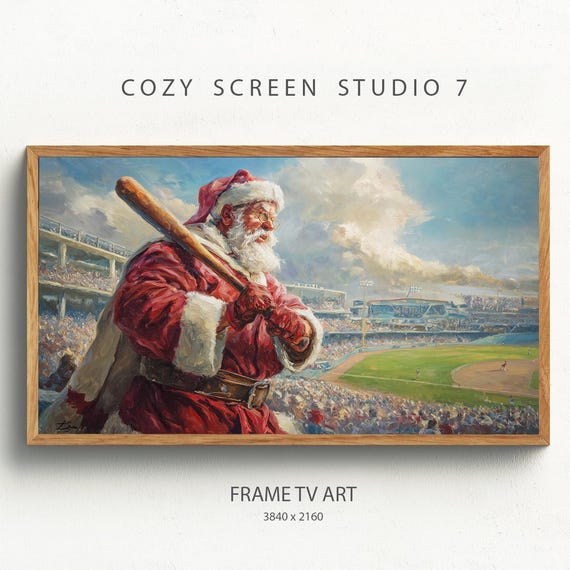 Santa At Bat Frame Tv Art Christmas Painting
