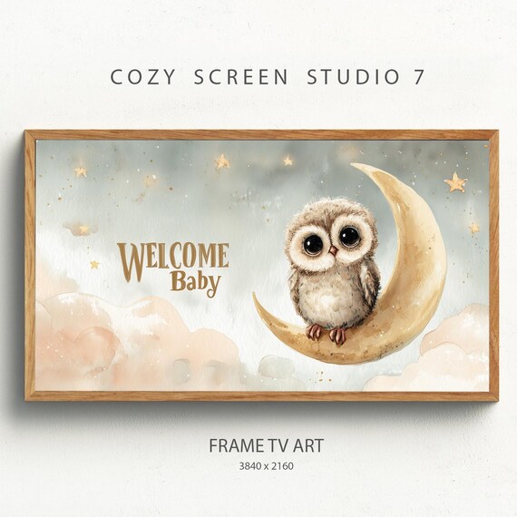 Welcome Baby Cute Owl On Crescent Moon Watercolor Nursery Poster