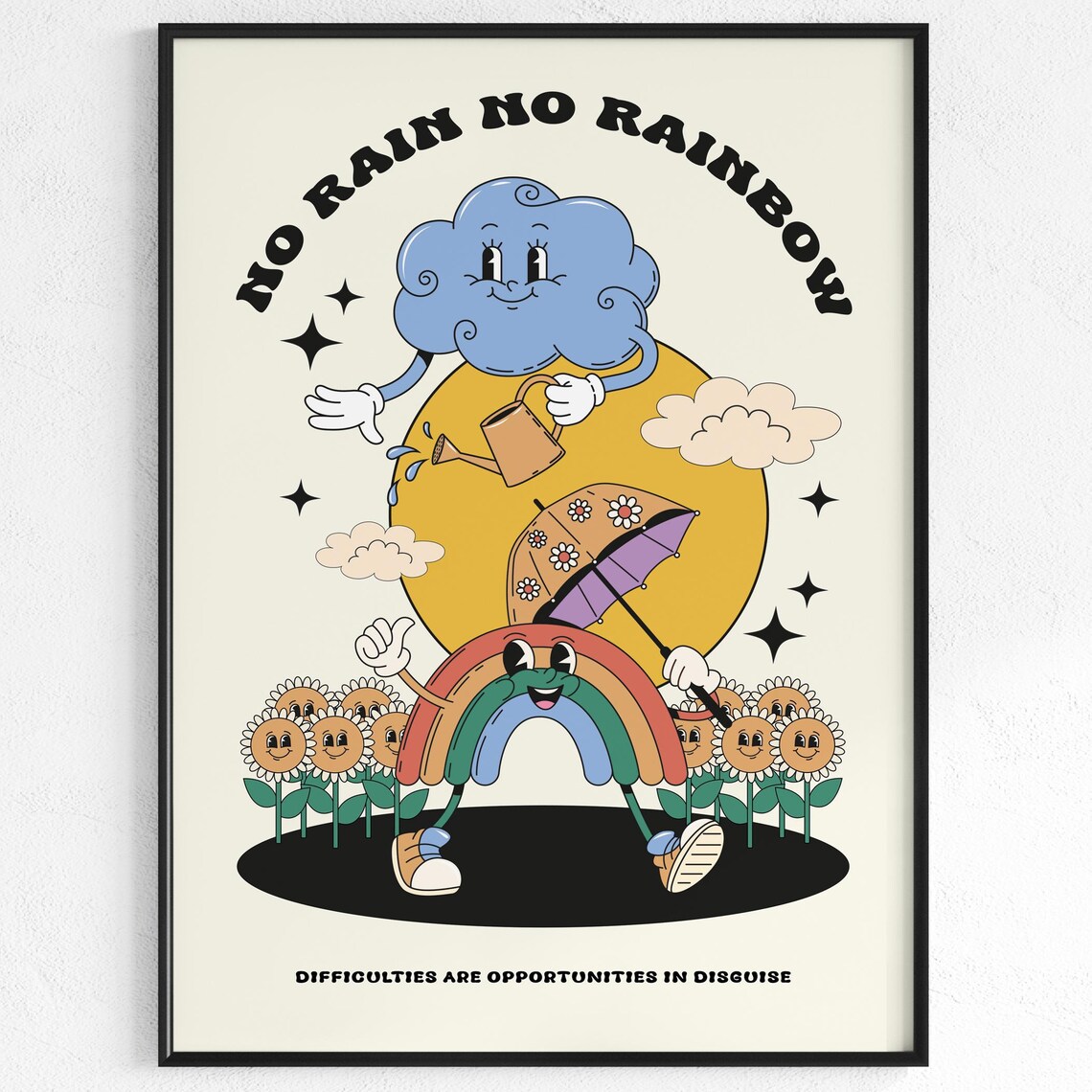 No Rain No Rainbow Retro Motivation Poster