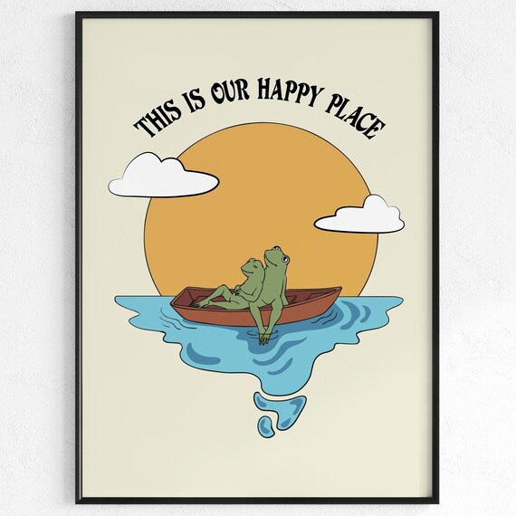 This Is Our Happy Place Cute Frogs Rowboat Sunset Quote Wall Print
