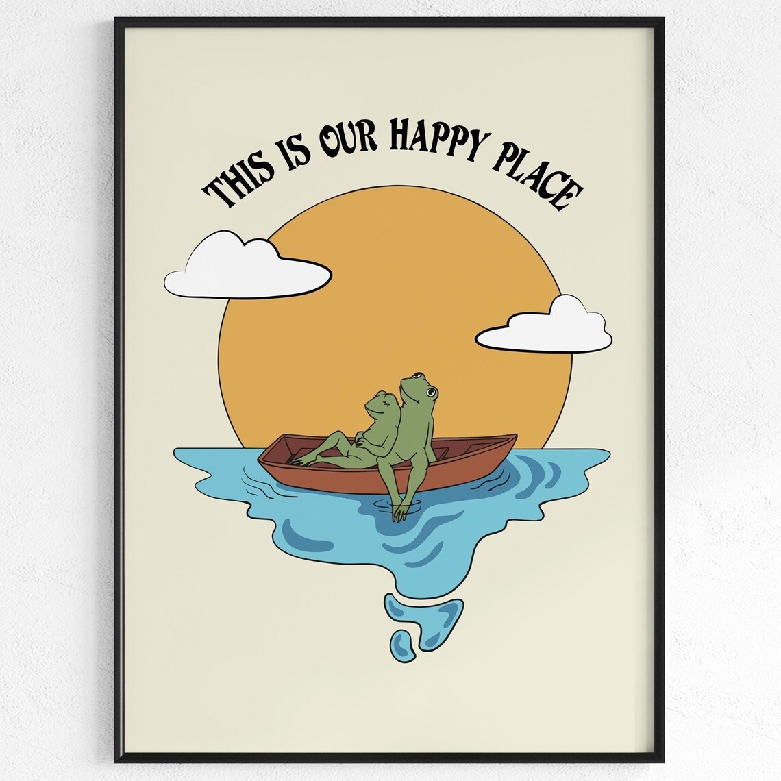 This Is Our Happy Place Cute Frogs Rowboat Sunset Quote Wall Print