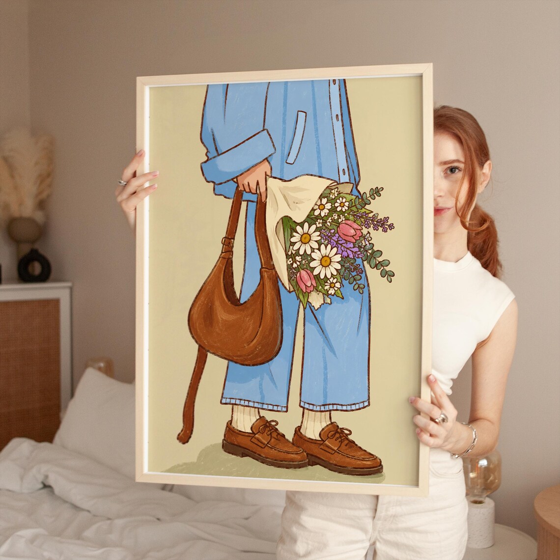 Cozy Floral Girl Outfit With Wildflower Bouquet Loafers Fashion Poster