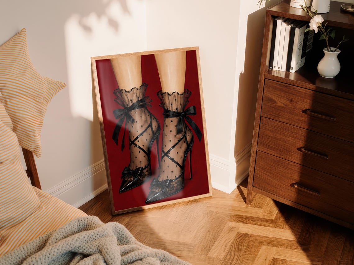 Coquette Black Bow Heels Sheer Polka Dot Socks Red Room Poster