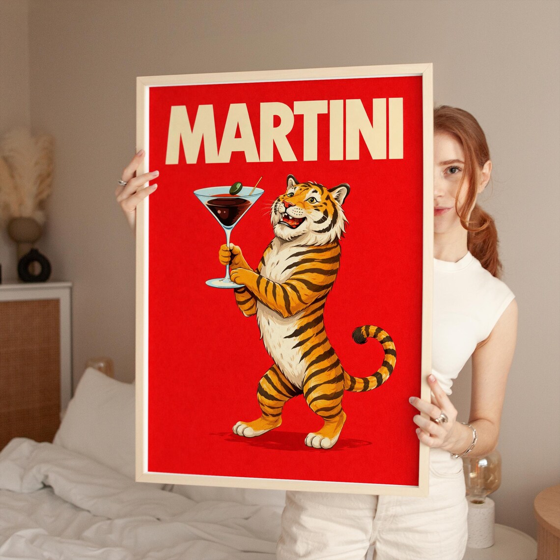 Tiger Martini Funny Animal Poster, Retro Bar Decor