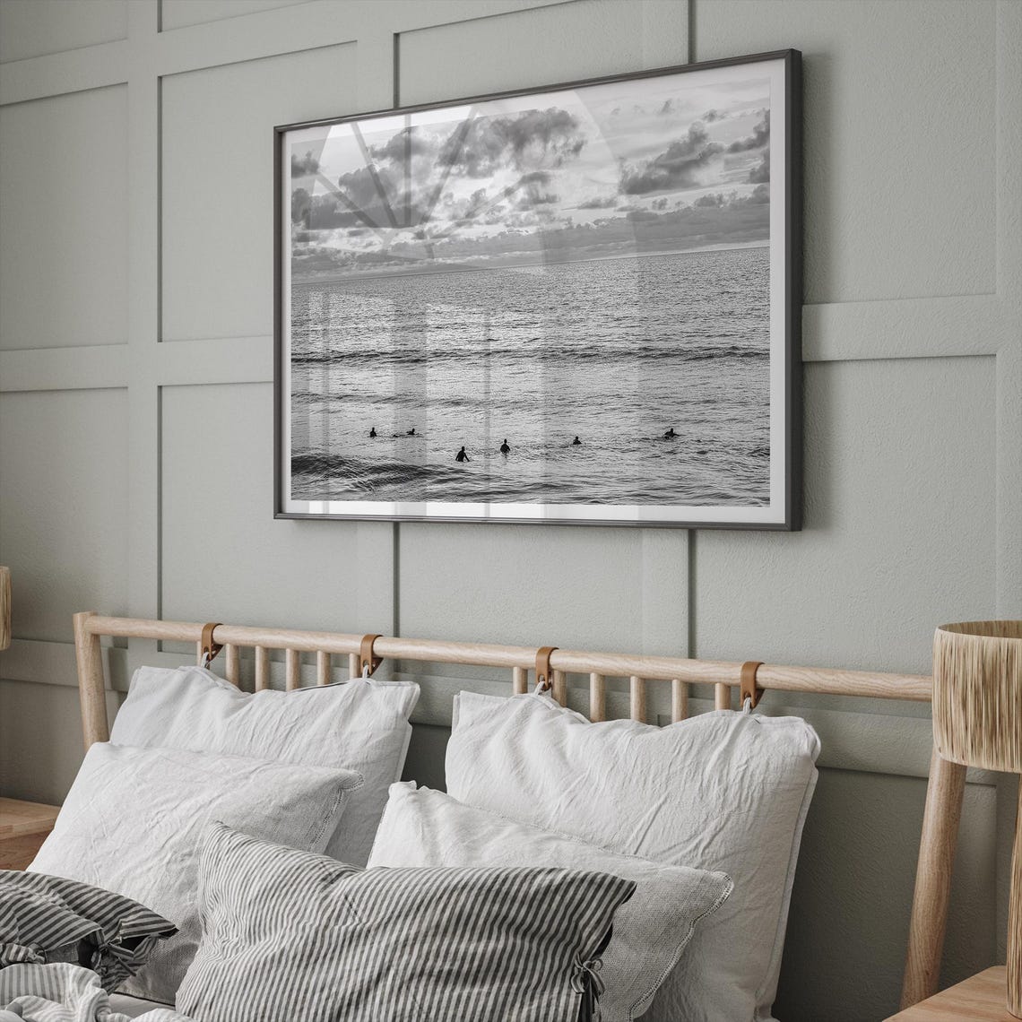 Black And White Surfers Waiting Waves Ocean Sunset Clouds Poster - Image 4