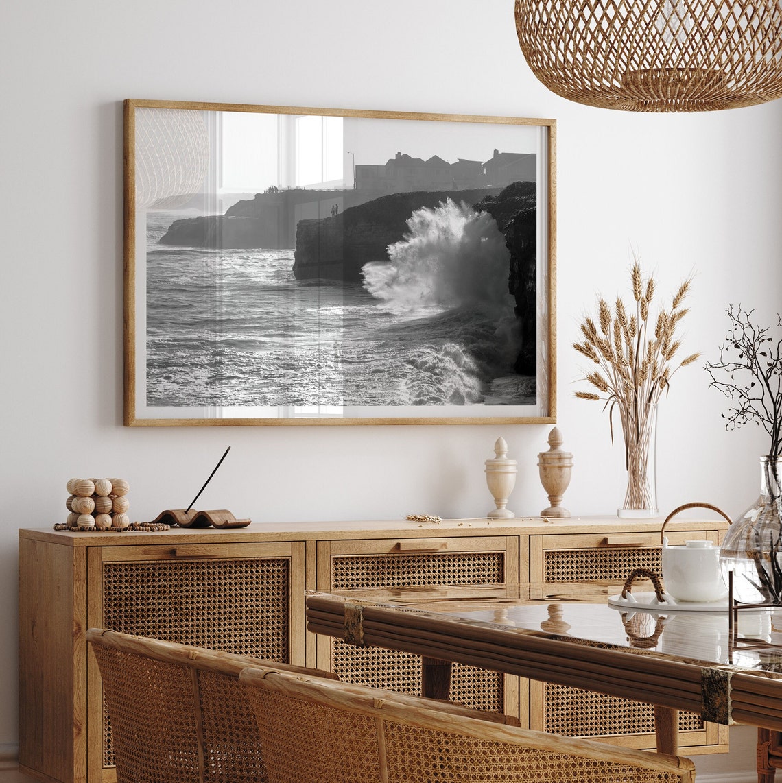Black And White Crashing Waves Rocky Cliffs Beach Houses Coast Poster - Image 5