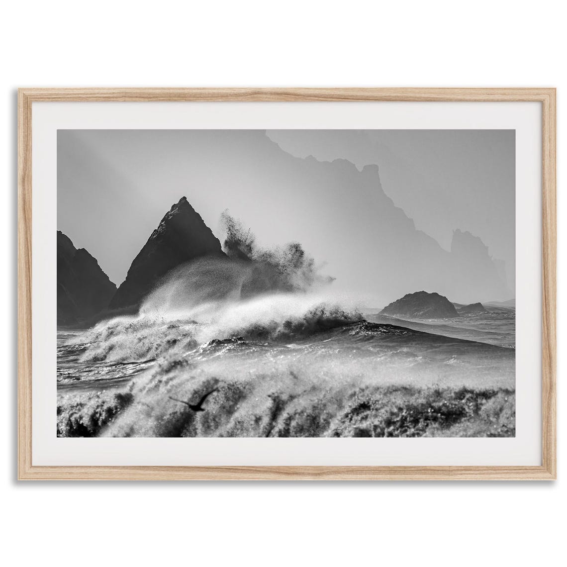 Black And White Crashing Ocean Waves Sea Stacks Moody Coastal Poster