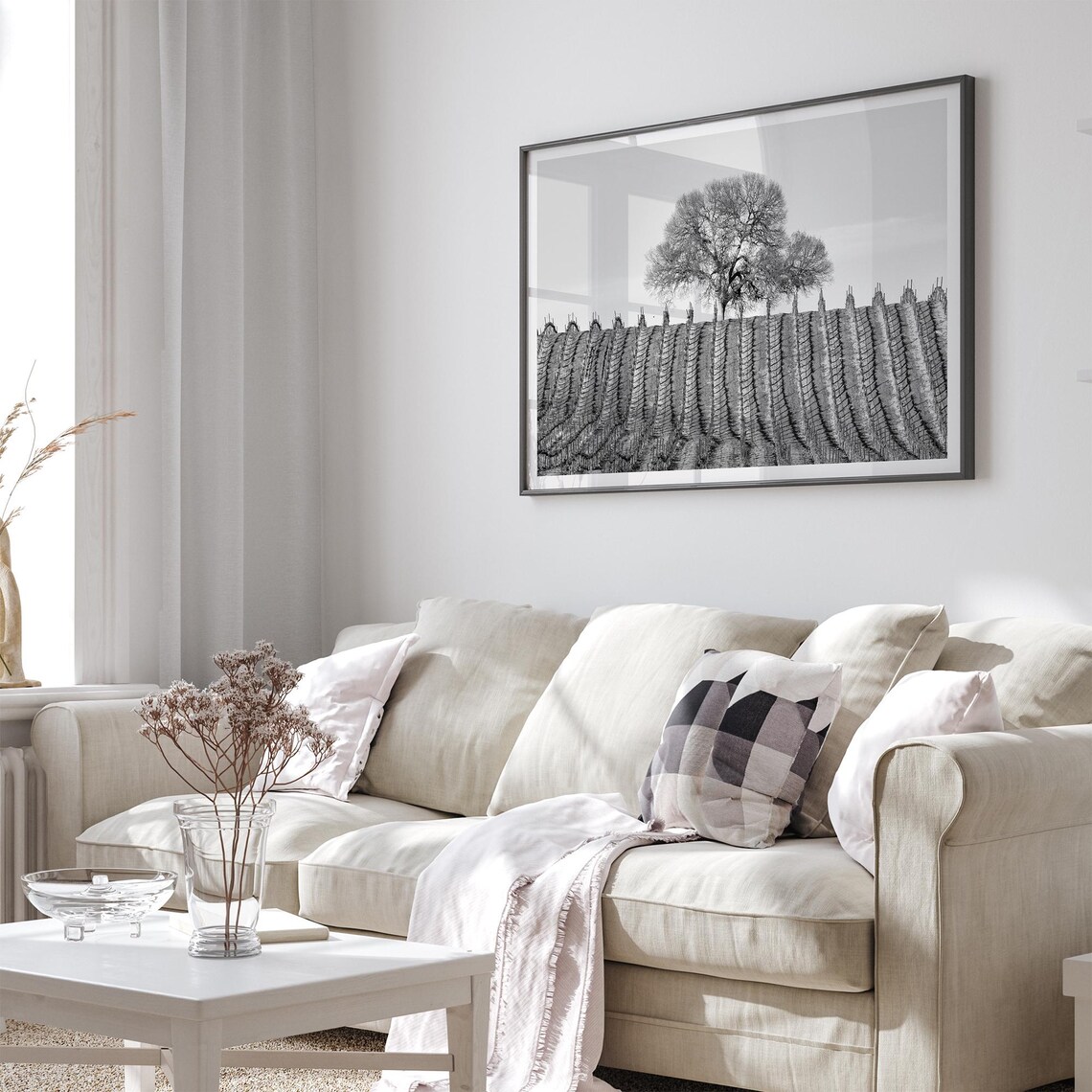 Vineyard Rows Black and White Landscape Art Print - Image 2